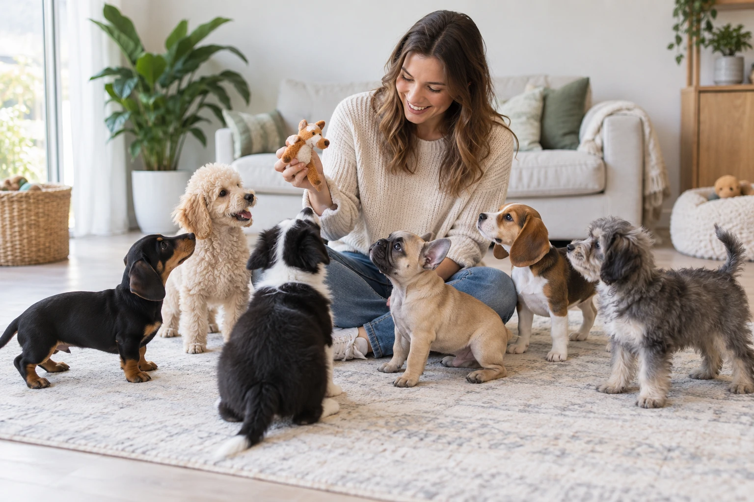 A calm puppy training guide with six puppies of different sizes, coats, and colors gathered around her.