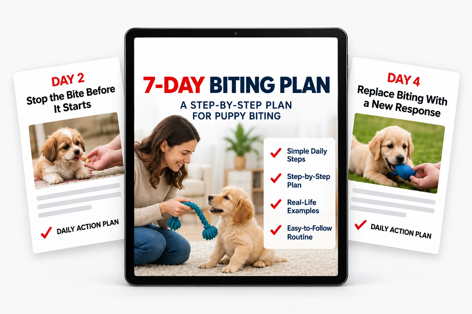7-day puppy biting plan: a tablet showing a person calmly training a puppy with a toy, flanked by Day 2 and Day 4 daily action plans. Simple Daily Steps, Step-by-Step Plan, Real-Life Examples, Easy-to-Follow Routine.
